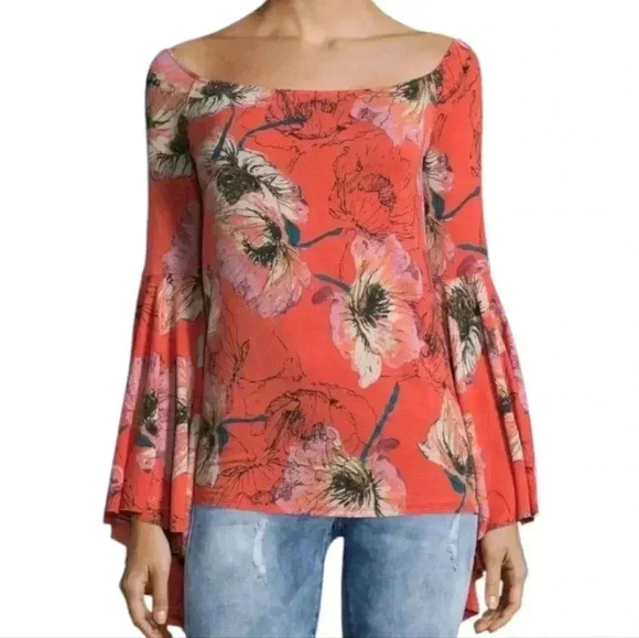 Free People We The Free Birds Of Paradise Printed Top Orange Women's size Medium - Picture 3 of 13